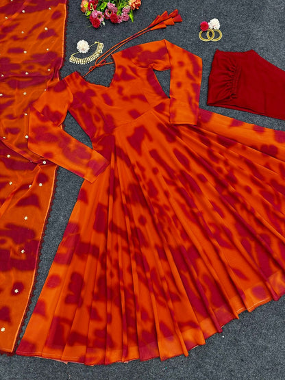 Captivating Orange Color Printed Festive Wear Gown