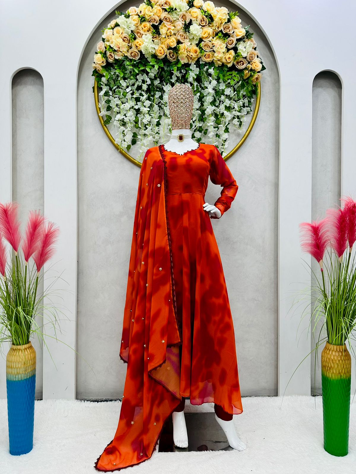Captivating Orange Color Printed Festive Wear Gown