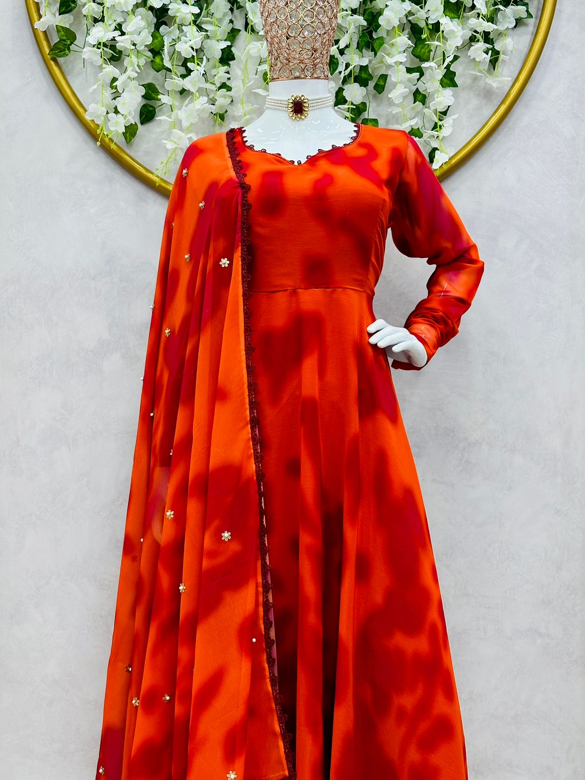 Captivating Orange Color Printed Festive Wear Gown