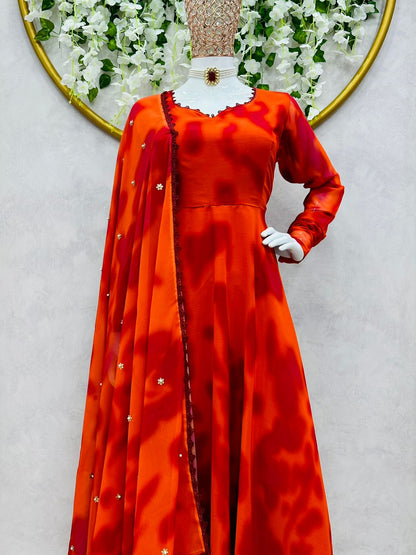 Captivating Orange Color Printed Festive Wear Gown