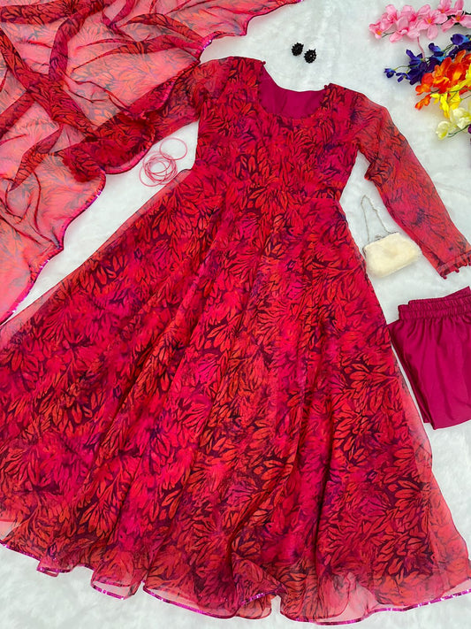 Red Color Digital Printed Daisy Anarkali Suit