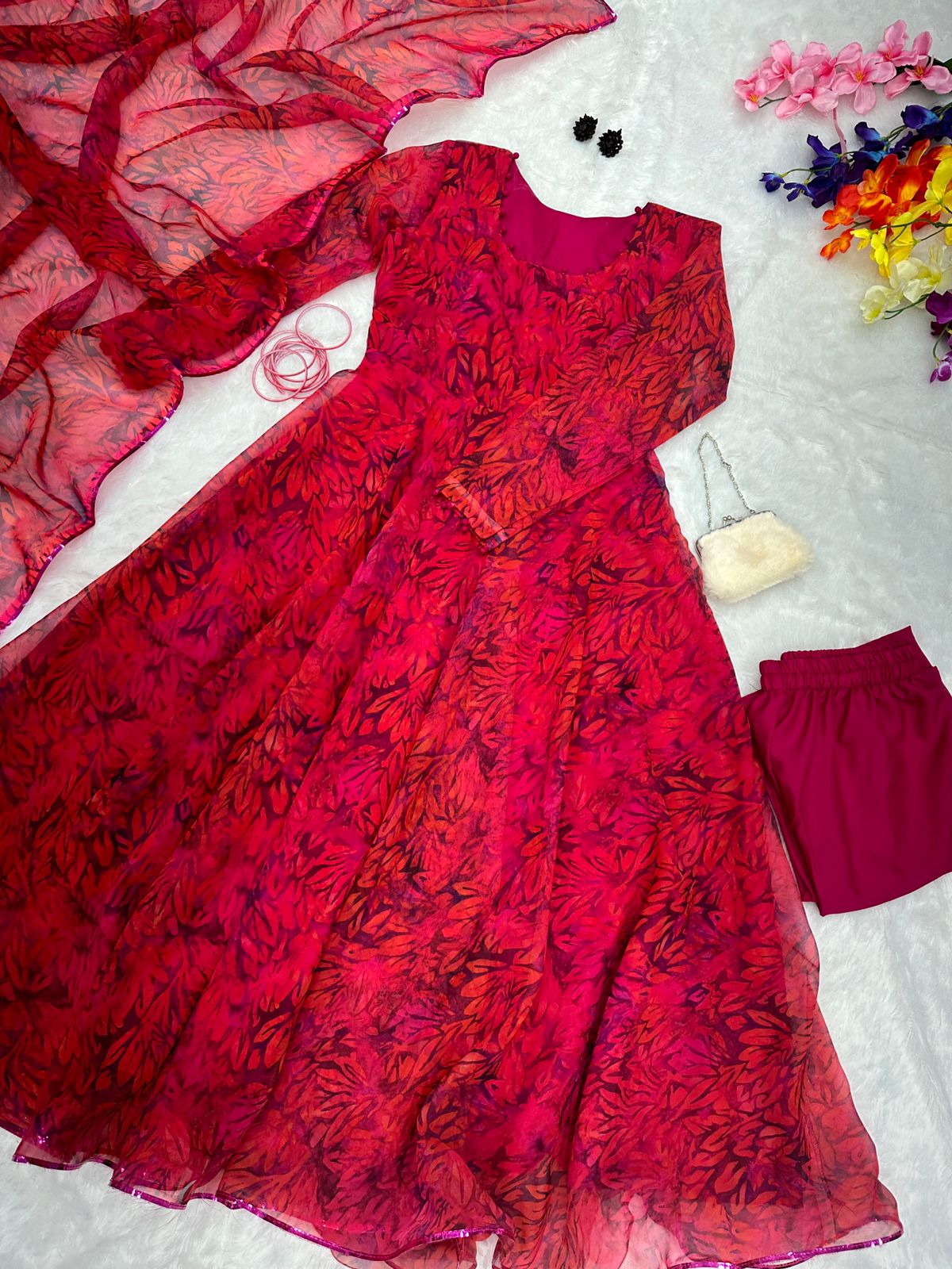 Red Color Digital Printed Daisy Anarkali Suit