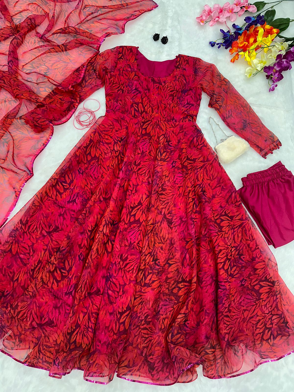 Red Color Digital Printed Daisy Anarkali Suit
