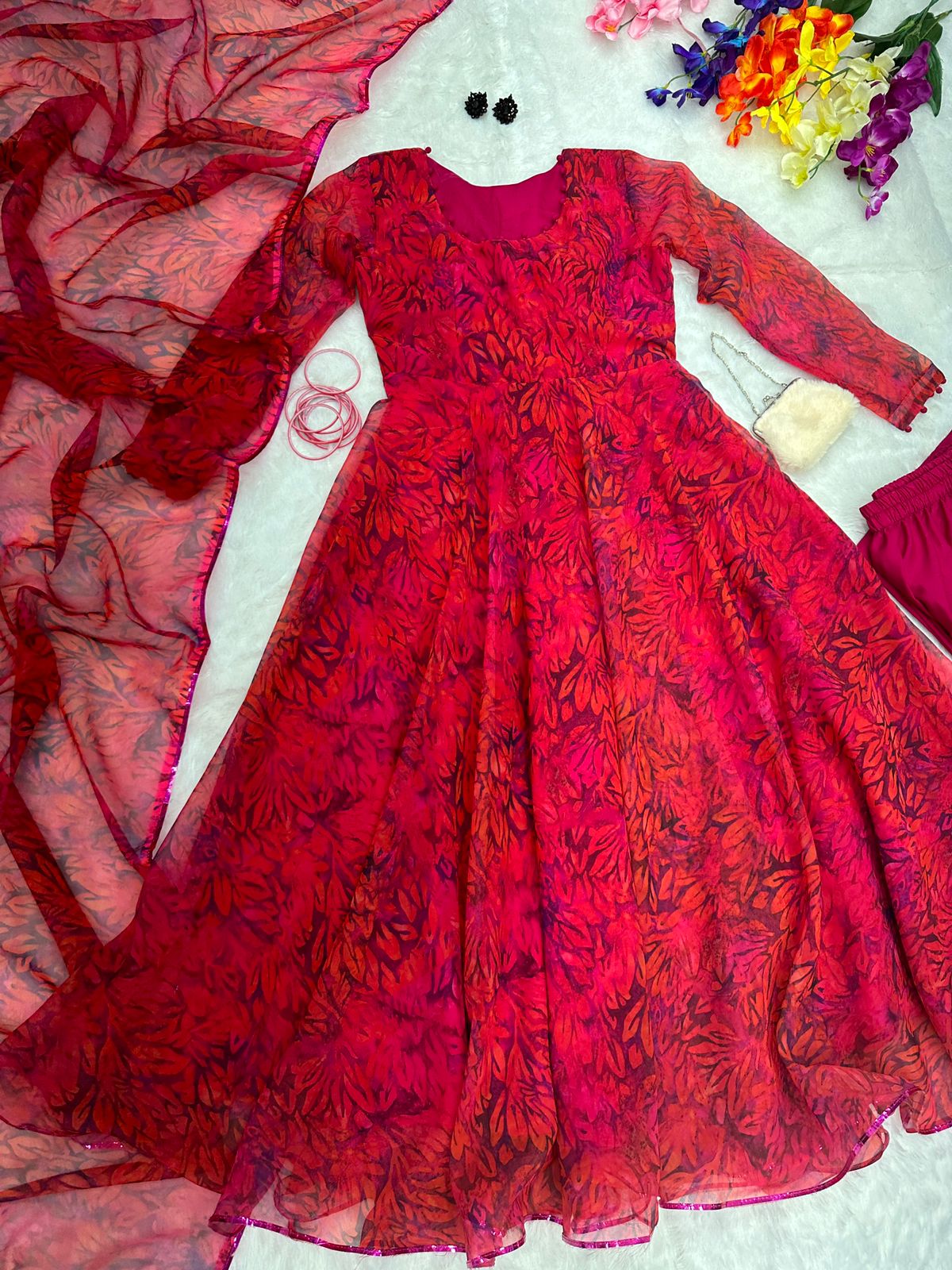Red Color Digital Printed Daisy Anarkali Suit