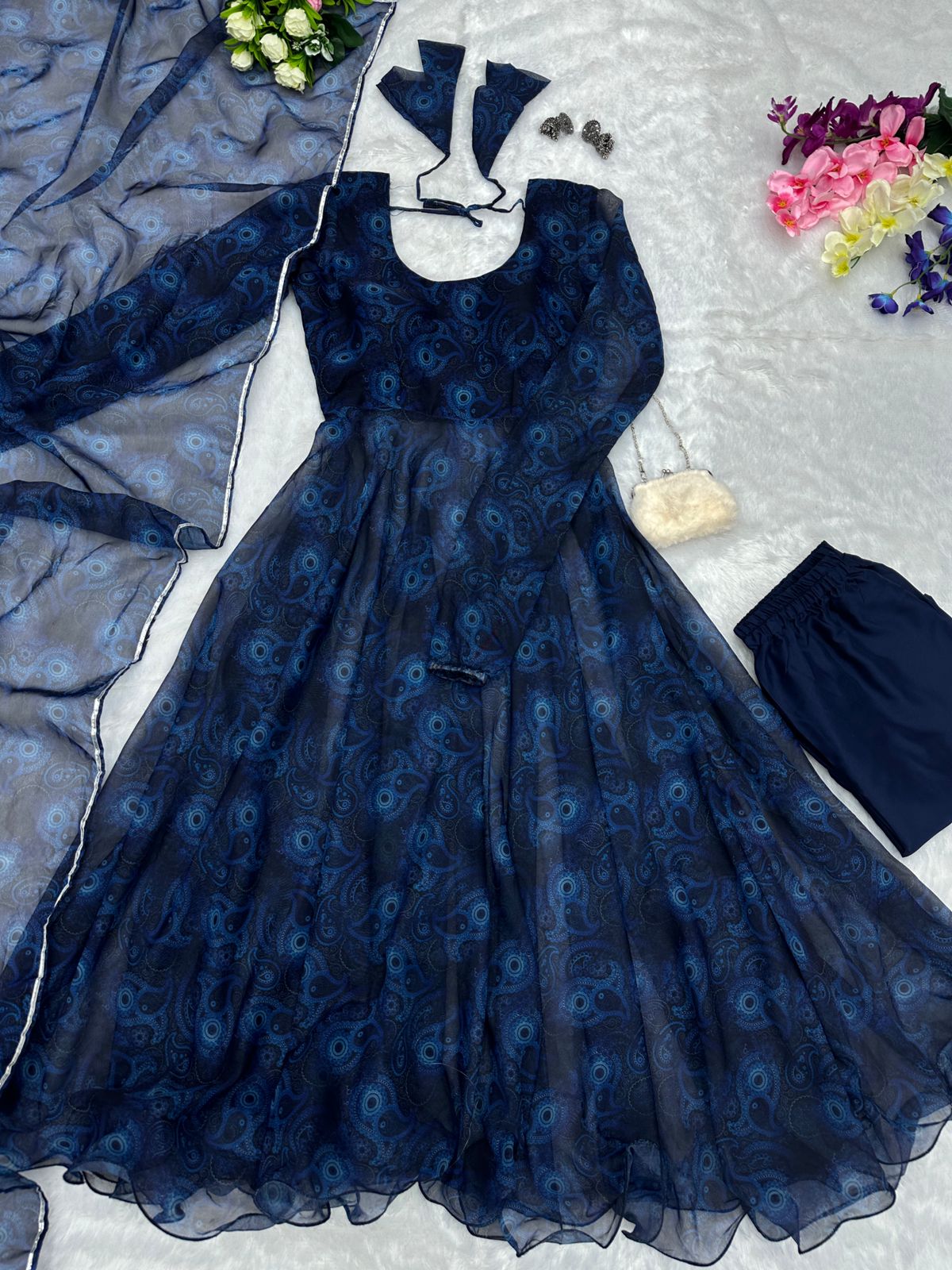 Trendy Navy Blue Color Printed Anarkali Suit