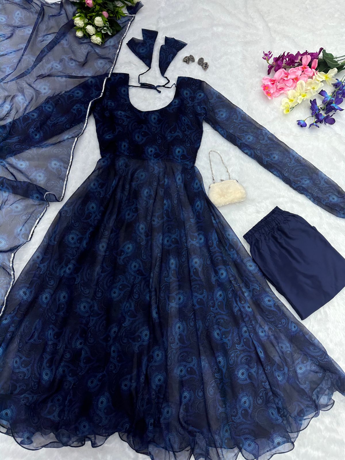 Trendy Navy Blue Color Printed Anarkali Suit