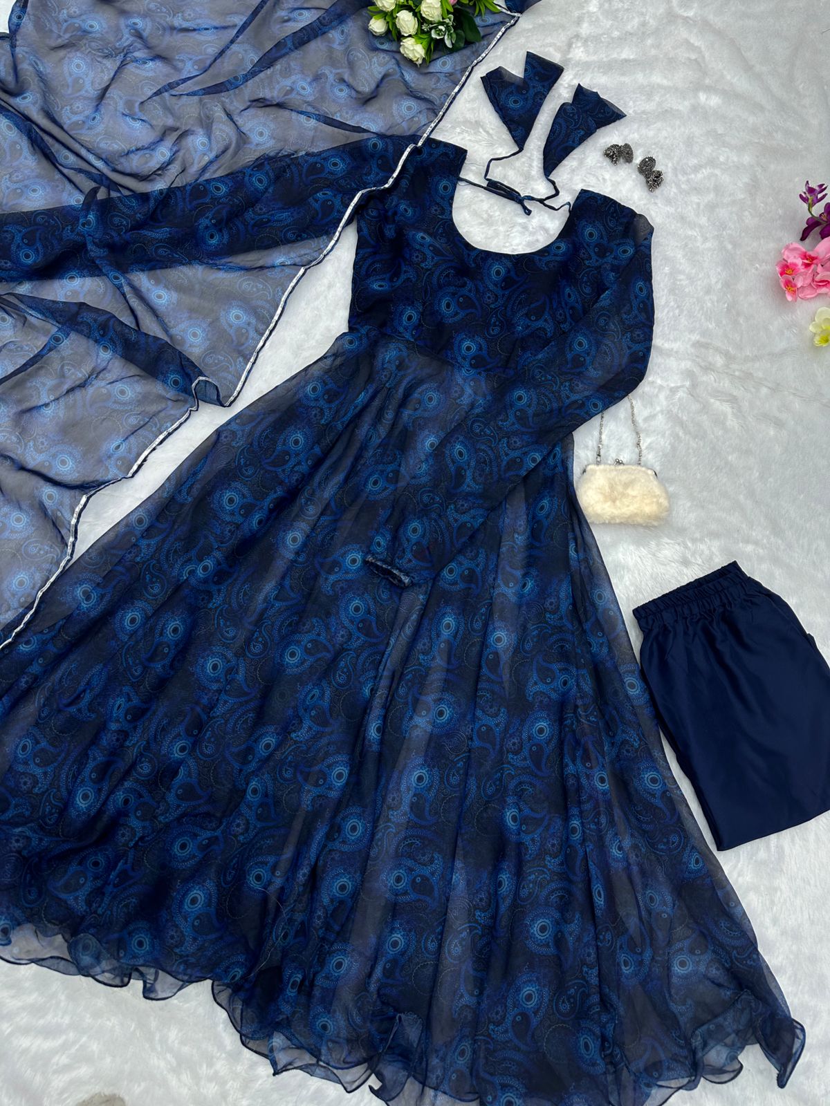 Trendy Navy Blue Color Printed Anarkali Suit