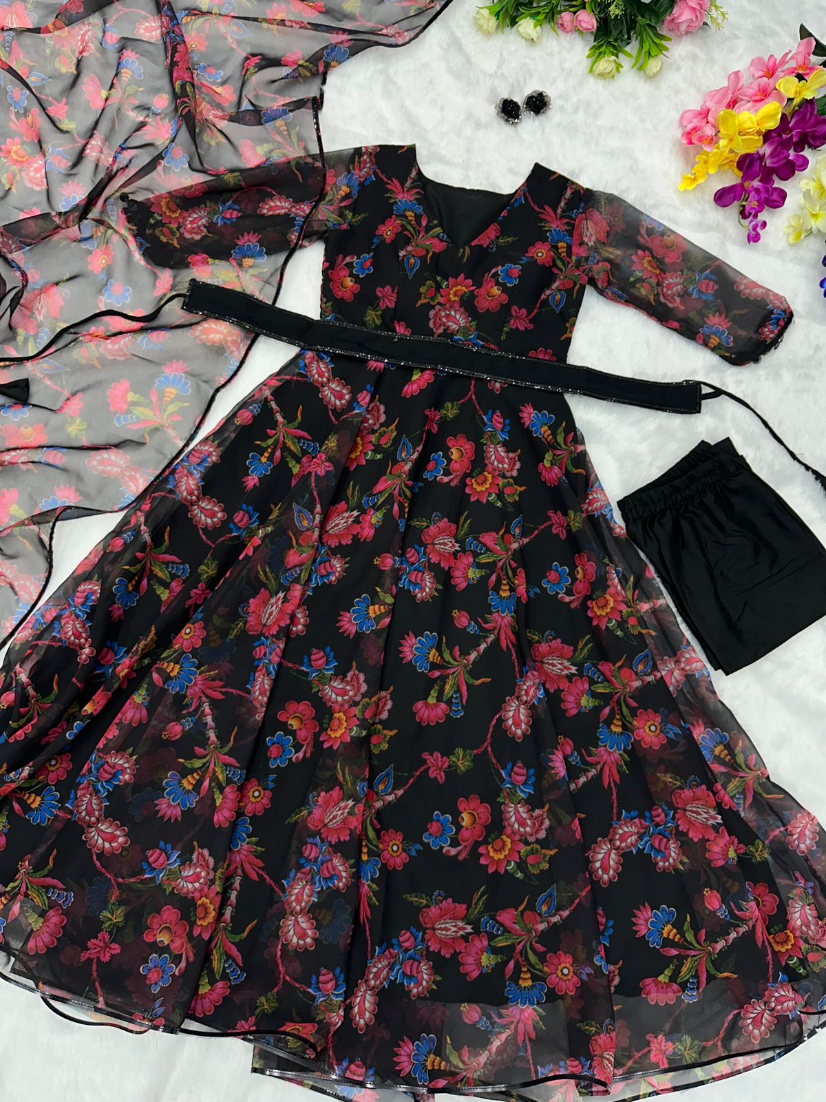 Party Wear Black Color Printed Anarkali Gown