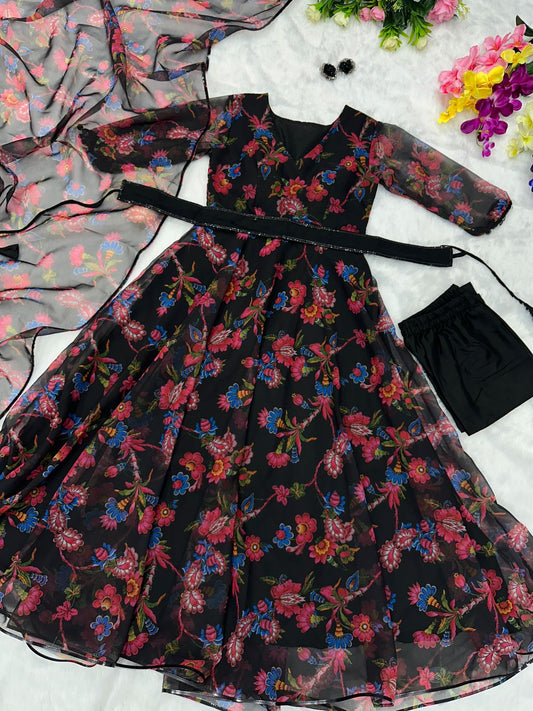 Party Wear Black Color Printed Anarkali Gown