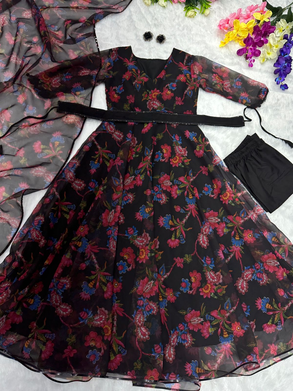Party Wear Black Color Printed Anarkali Gown