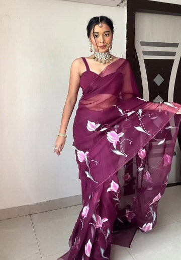 Ready To Wear Organza Silk Wine Color Saree