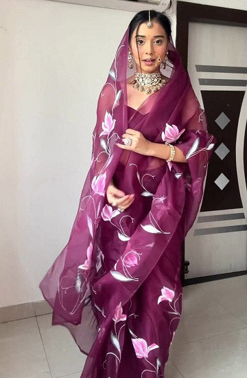 Ready To Wear Organza Silk Wine Color Saree