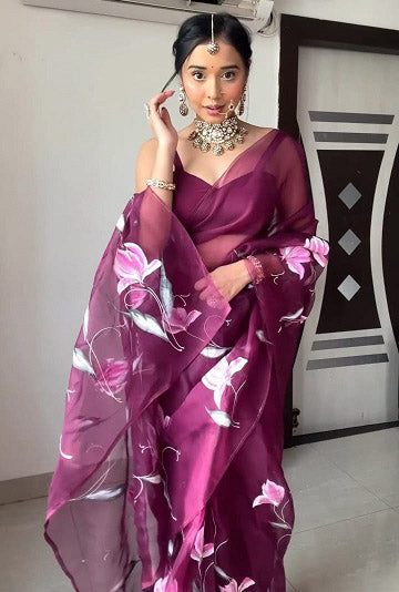 Ready To Wear Organza Silk Wine Color Saree