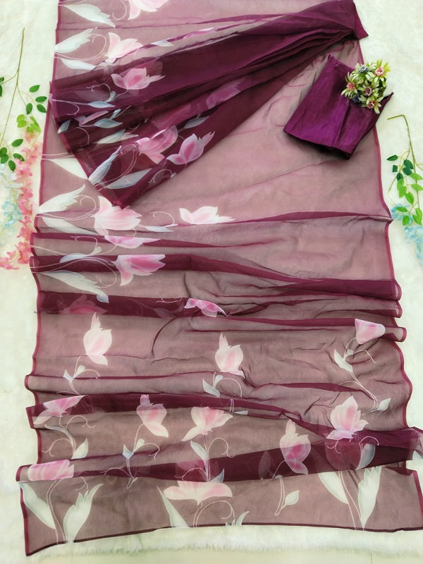 Ready To Wear Organza Silk Wine Color Saree