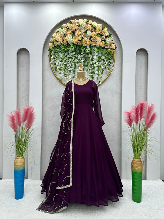 Ravishing Wine Color Gown With Sequence Work Dupatta