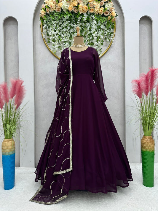 Ravishing Wine Color Gown With Sequence Work Dupatta