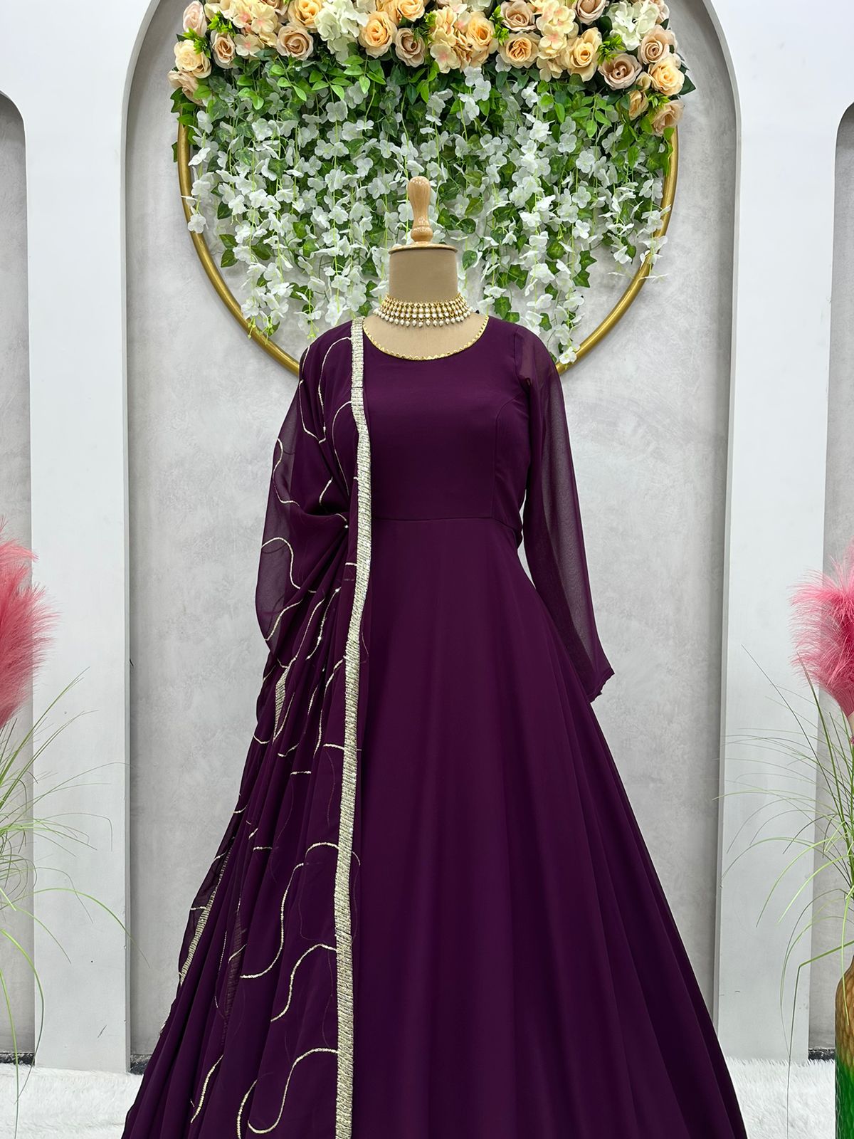 Ravishing Wine Color Gown With Sequence Work Dupatta