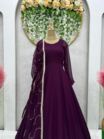Ravishing Wine Color Gown With Sequence Work Dupatta