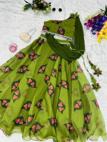 Fully Stitched Green Color Organza Silk Lehenga Choli