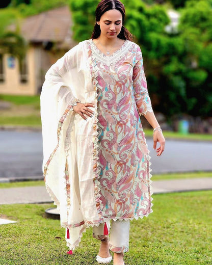 Casual Wear Digital Print White Color Salwar Suit