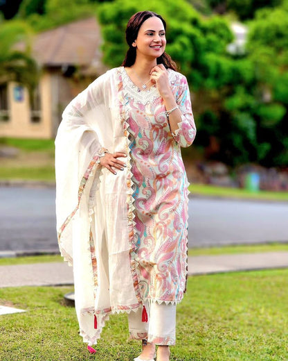 Casual Wear Digital Print White Color Salwar Suit