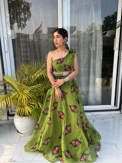 Fully Stitched Green Color Organza Silk Lehenga Choli