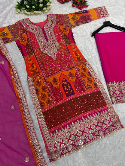 Multi With Pink Color Hand Work With Cut Work Sharara Suit