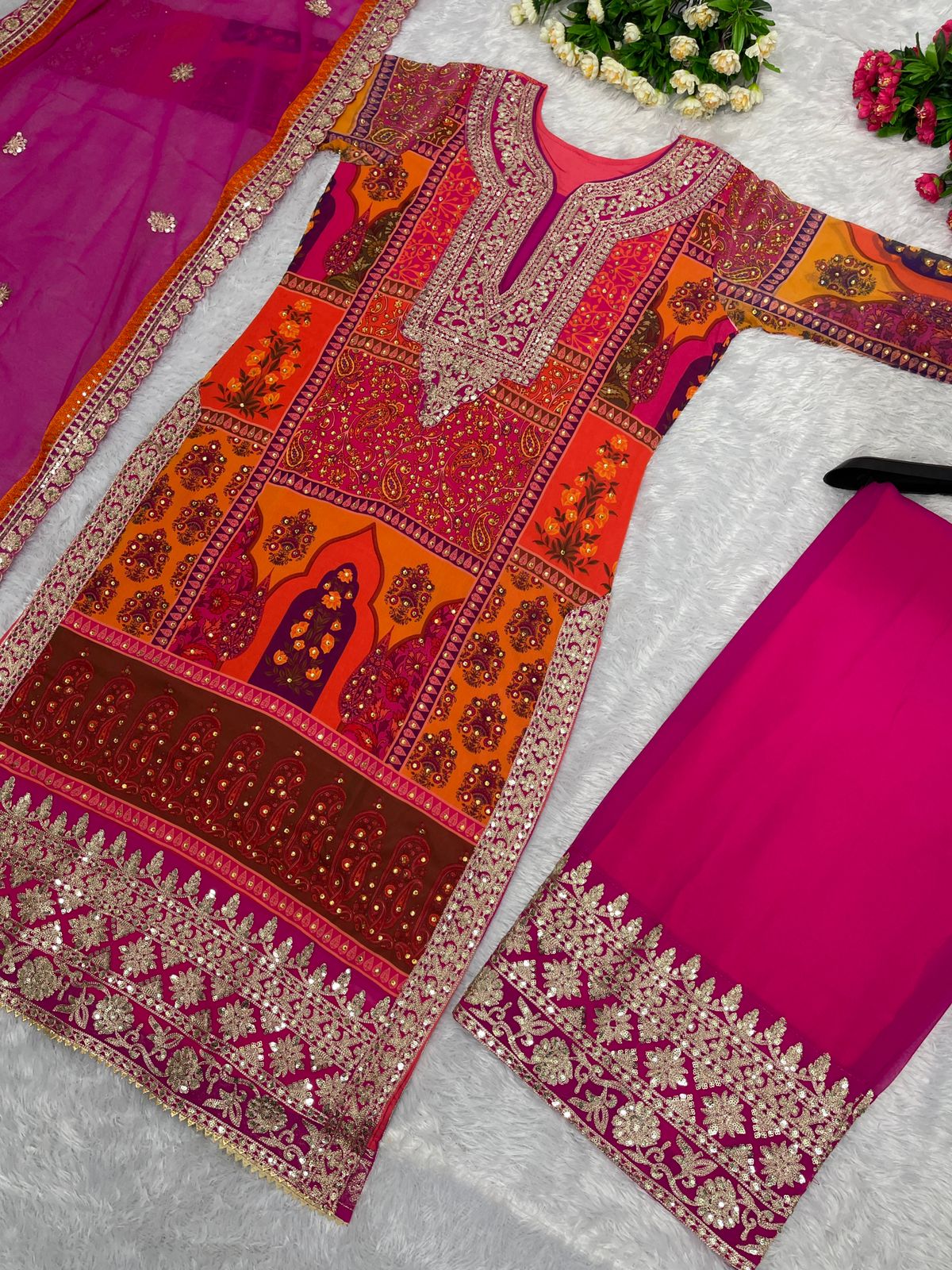 Multi With Pink Color Hand Work With Cut Work Sharara Suit