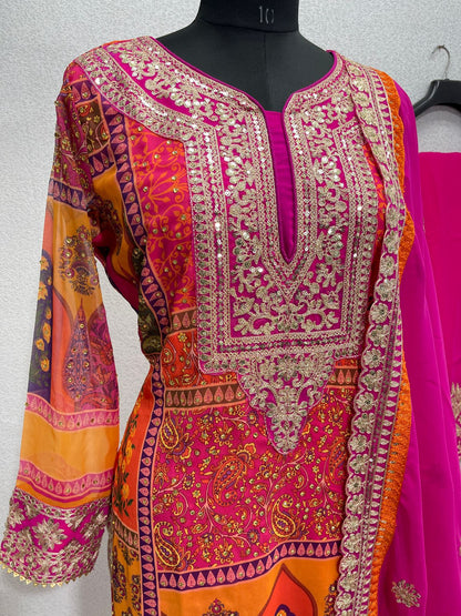Multi With Pink Color Hand Work With Cut Work Sharara Suit