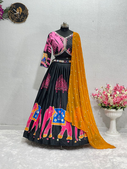 Stylish Real Mirror Work Multi Print Black Color Lehenga Choli