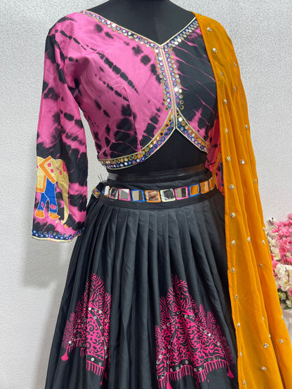 Stylish Real Mirror Work Multi Print Black Color Lehenga Choli