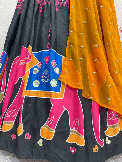 Stylish Real Mirror Work Multi Print Black Color Lehenga Choli