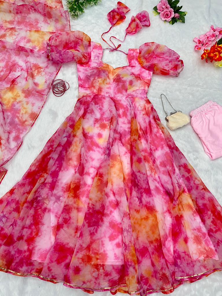 Organza Multi Color Print Beautiful Anarkali Gown