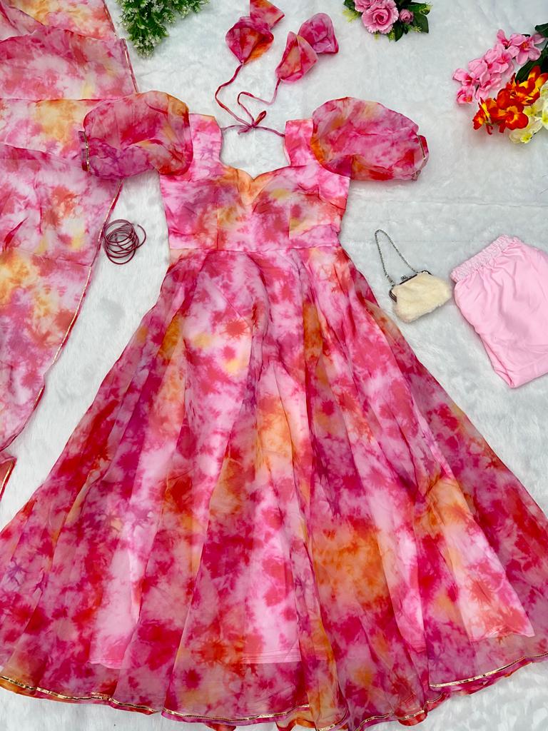 Organza Multi Color Print Beautiful Anarkali Gown