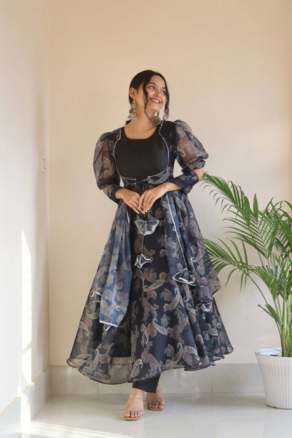 Ceremony Wear Black Color Koti Pattern Printed Gown