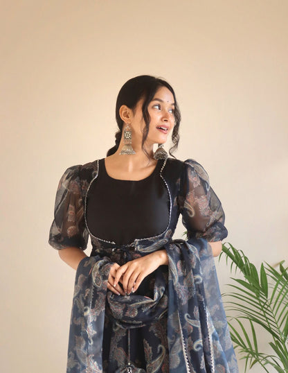 Ceremony Wear Black Color Koti Pattern Printed Gown