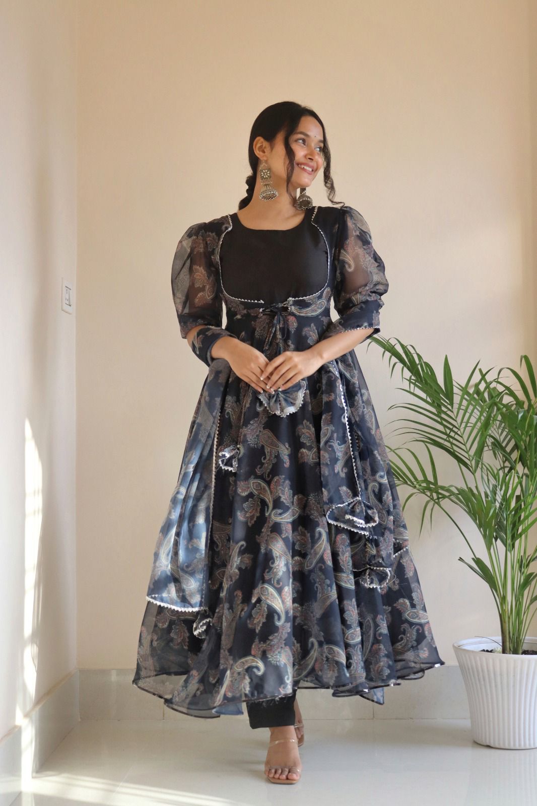 Ceremony Wear Black Color Koti Pattern Printed Gown