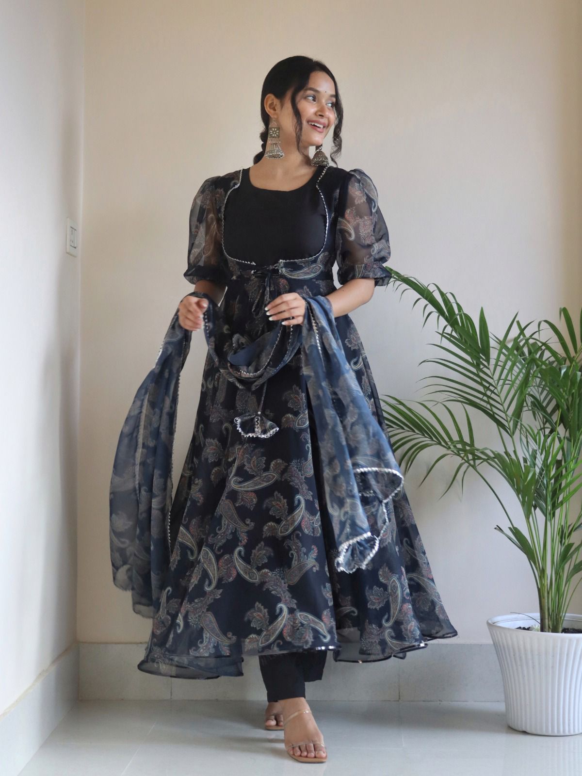 Ceremony Wear Black Color Koti Pattern Printed Gown