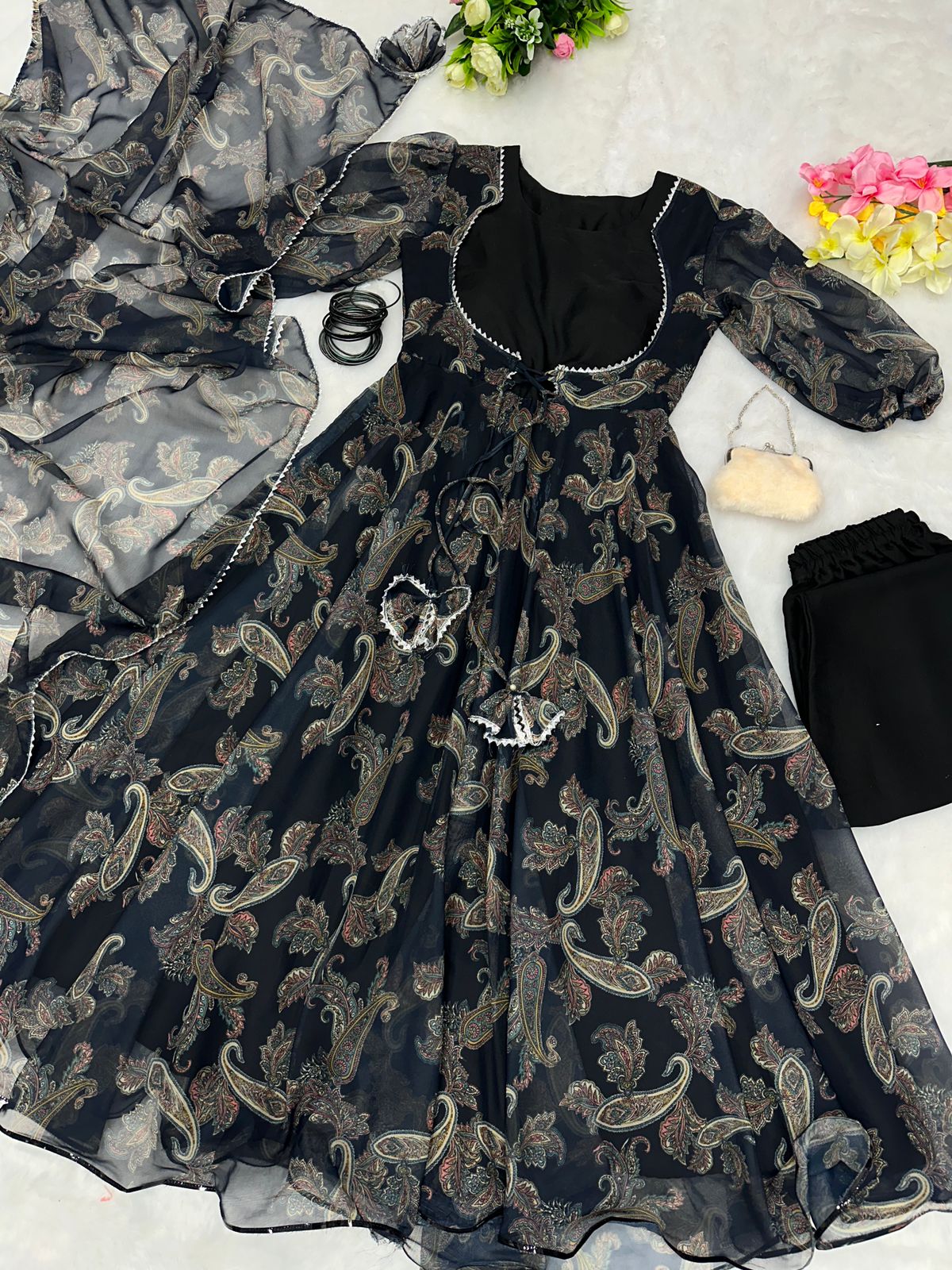 Ceremony Wear Black Color Koti Pattern Printed Gown