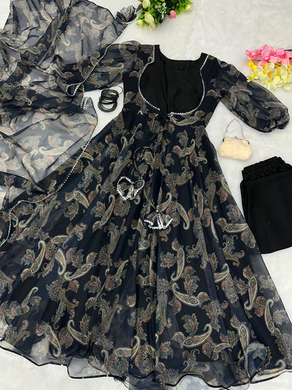Ceremony Wear Black Color Koti Pattern Printed Gown