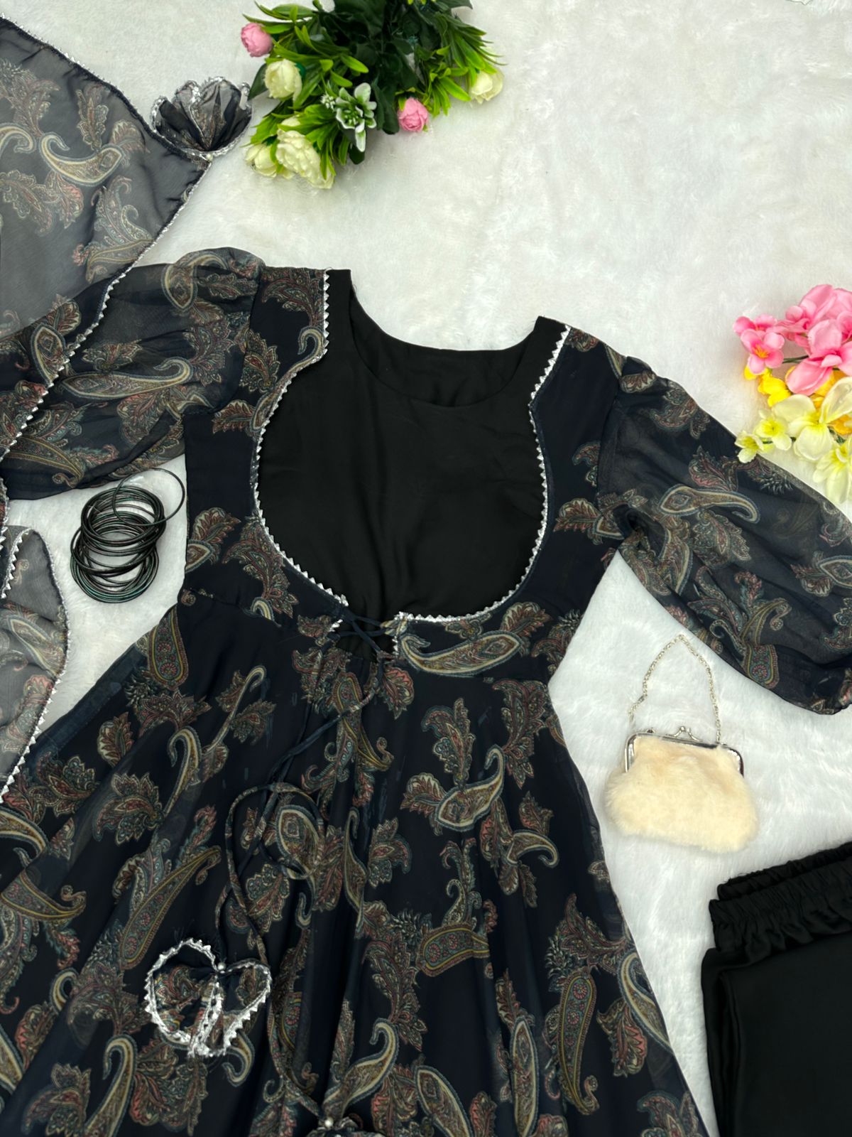 Ceremony Wear Black Color Koti Pattern Printed Gown