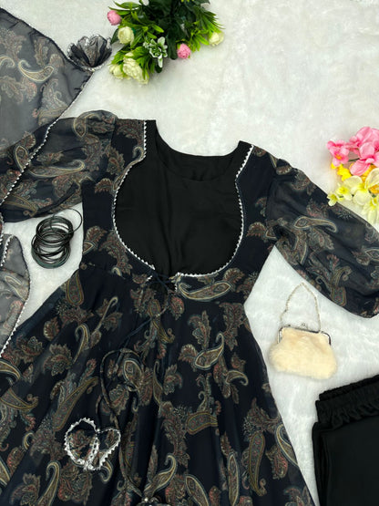 Ceremony Wear Black Color Koti Pattern Printed Gown