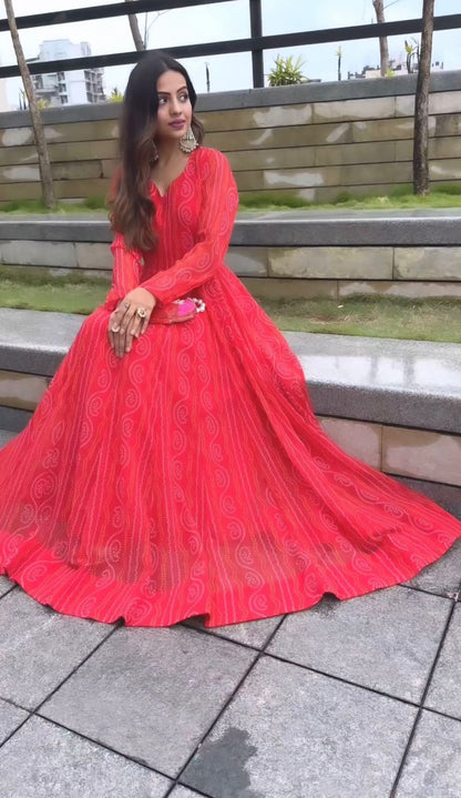 Captivating Red Color Bandhani Gown
