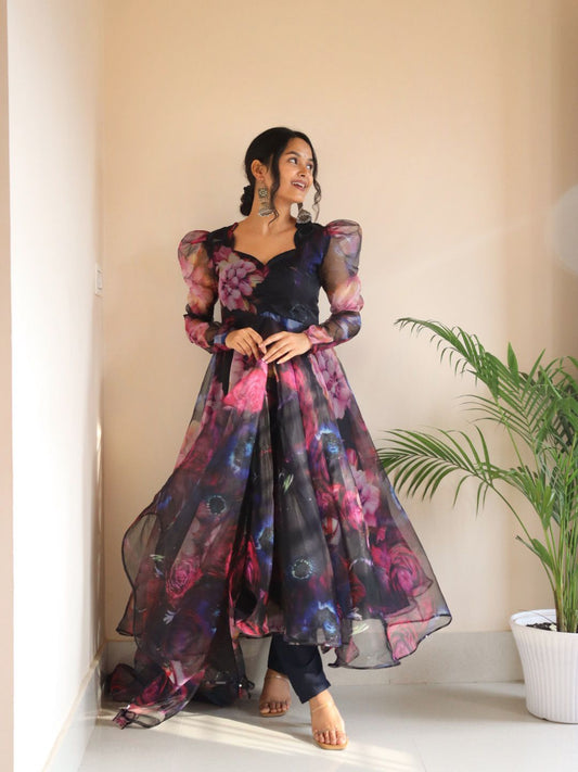 Organza Silk Navy Blue Color Multi Color Print Anarkali Suit