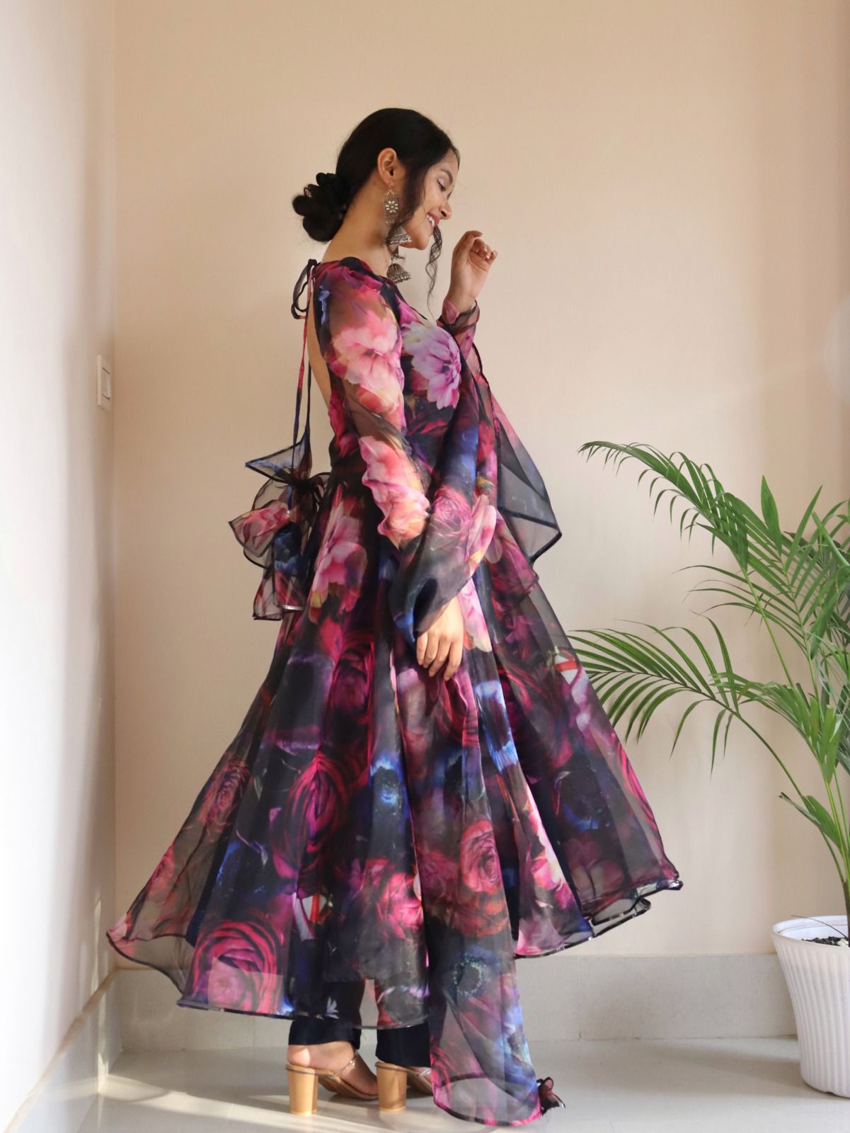 Organza Silk Navy Blue Color Multi Color Print Anarkali Suit