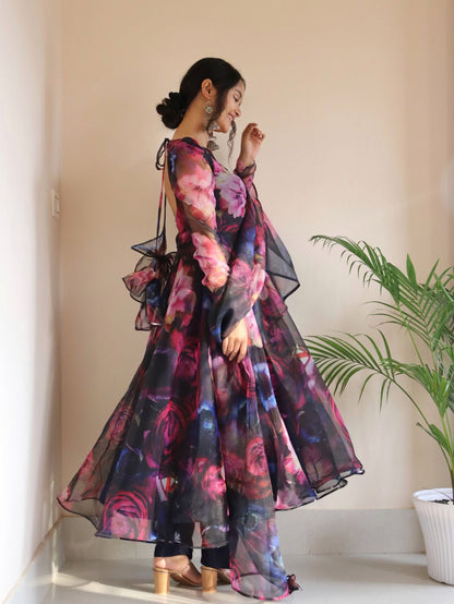 Organza Silk Navy Blue Color Multi Color Print Anarkali Suit