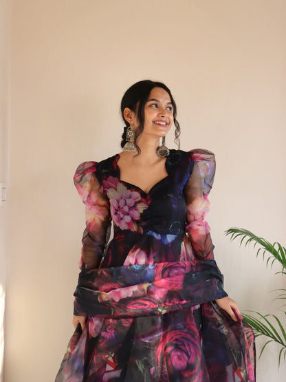 Organza Silk Navy Blue Color Multi Color Print Anarkali Suit