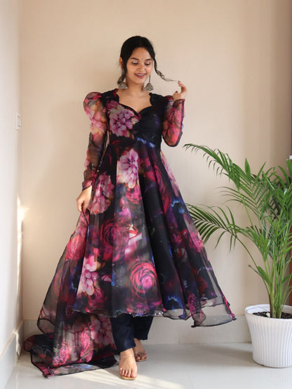 Organza Silk Navy Blue Color Multi Color Print Anarkali Suit