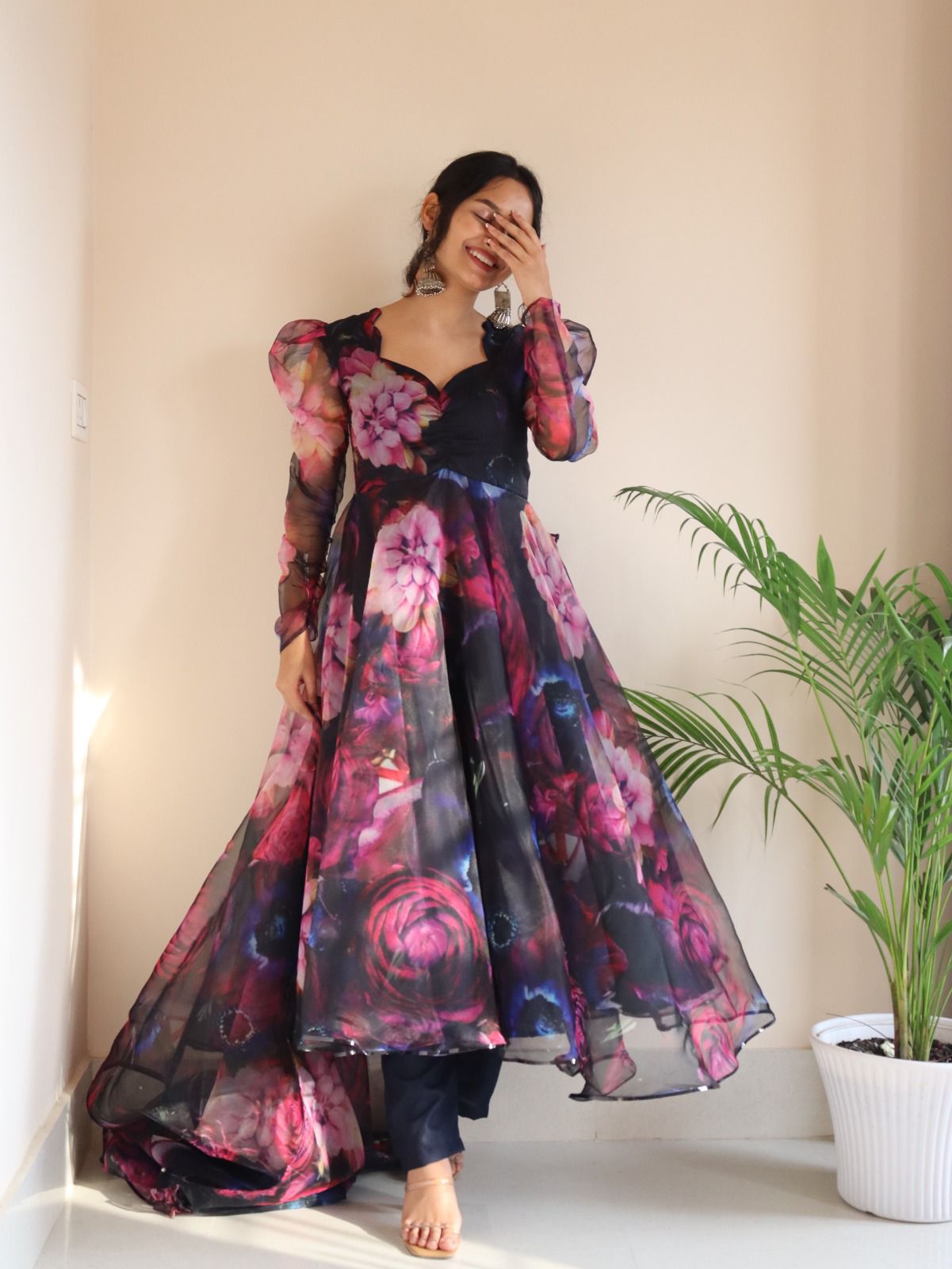 Organza Silk Navy Blue Color Multi Color Print Anarkali Suit