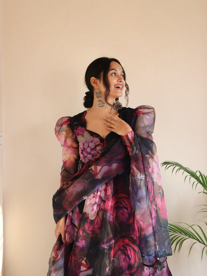 Organza Silk Navy Blue Color Multi Color Print Anarkali Suit